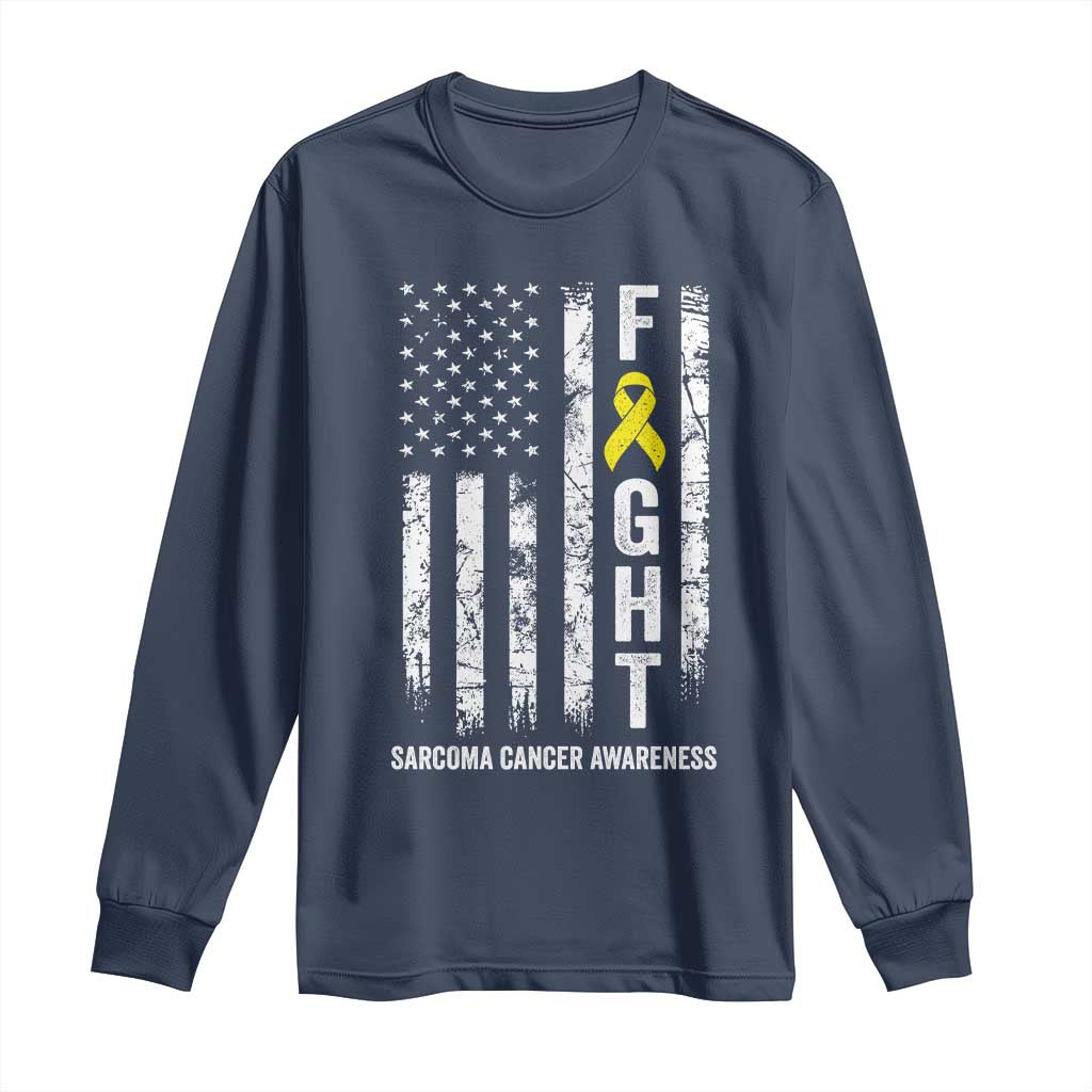 Fight Sarcoma Cancer Support Long Sleeve Shirt Yellow Ribbon Vintage American Flag