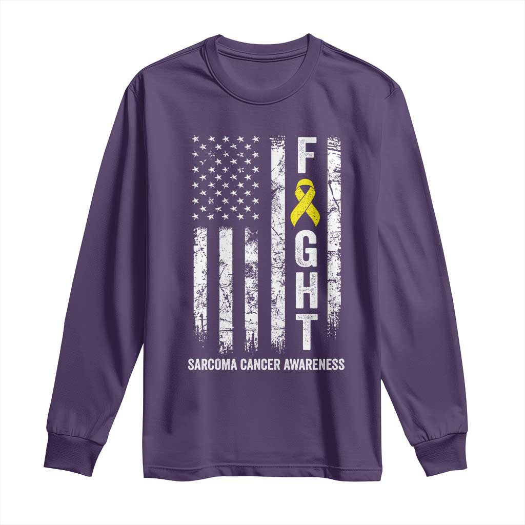 Fight Sarcoma Cancer Support Long Sleeve Shirt Yellow Ribbon Vintage American Flag
