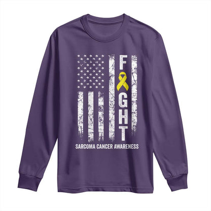 Fight Sarcoma Cancer Support Long Sleeve Shirt Yellow Ribbon Vintage American Flag