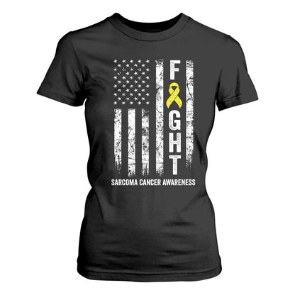 Fight Sarcoma Cancer Support T Shirt For Women Yellow Ribbon Vintage American Flag