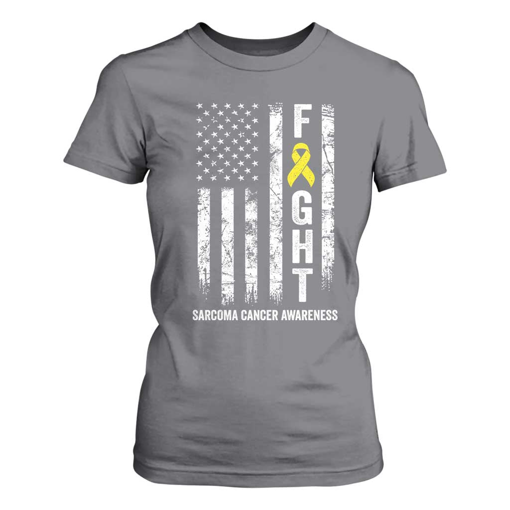 Fight Sarcoma Cancer Support T Shirt For Women Yellow Ribbon Vintage American Flag