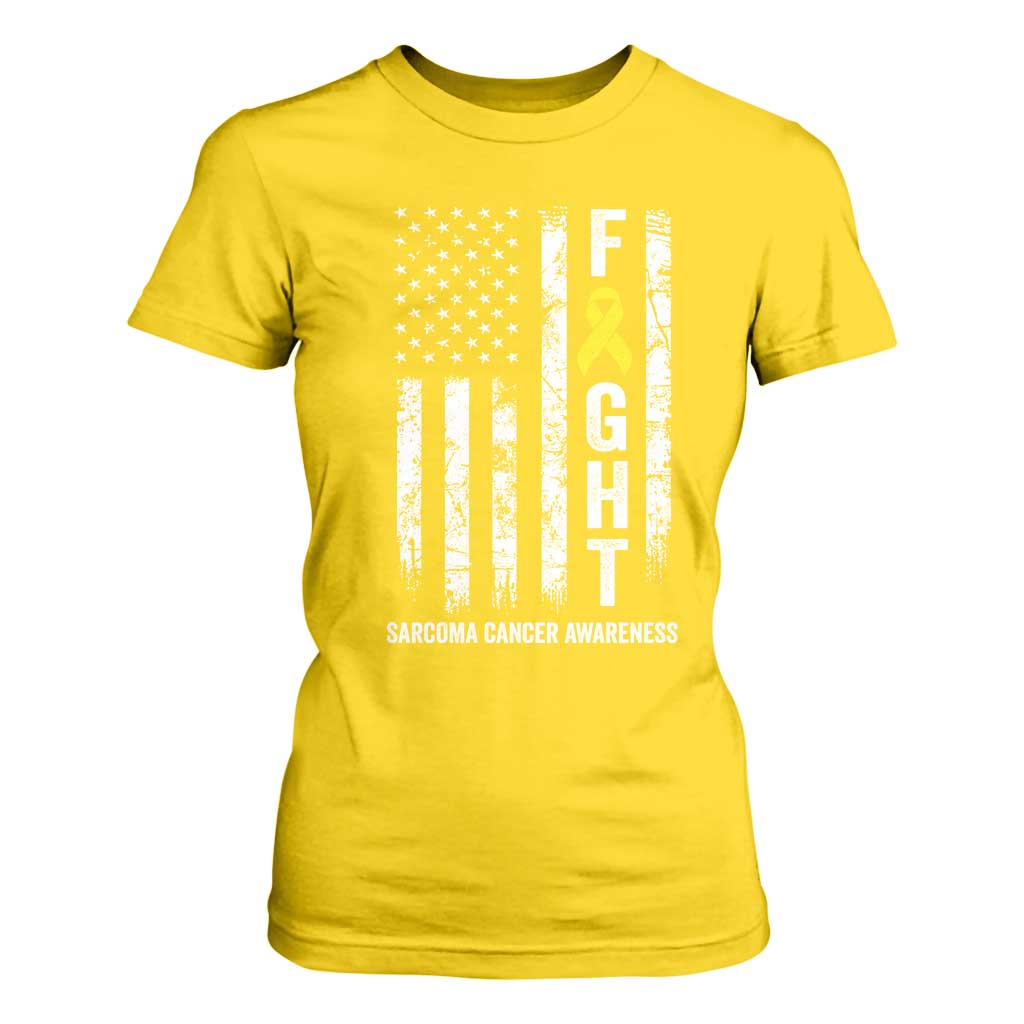 Fight Sarcoma Cancer Support T Shirt For Women Yellow Ribbon Vintage American Flag