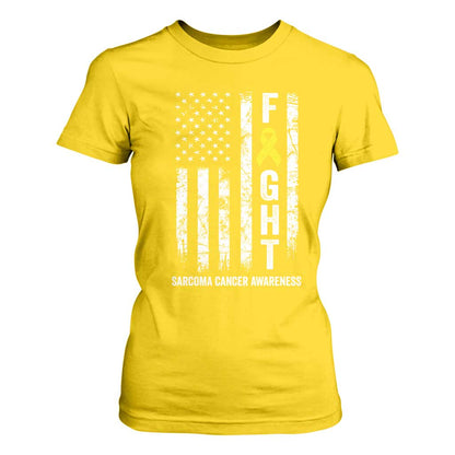 Fight Sarcoma Cancer Support T Shirt For Women Yellow Ribbon Vintage American Flag