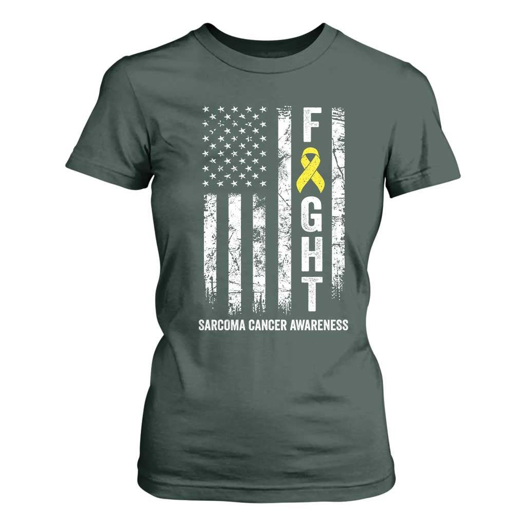 Fight Sarcoma Cancer Support T Shirt For Women Yellow Ribbon Vintage American Flag