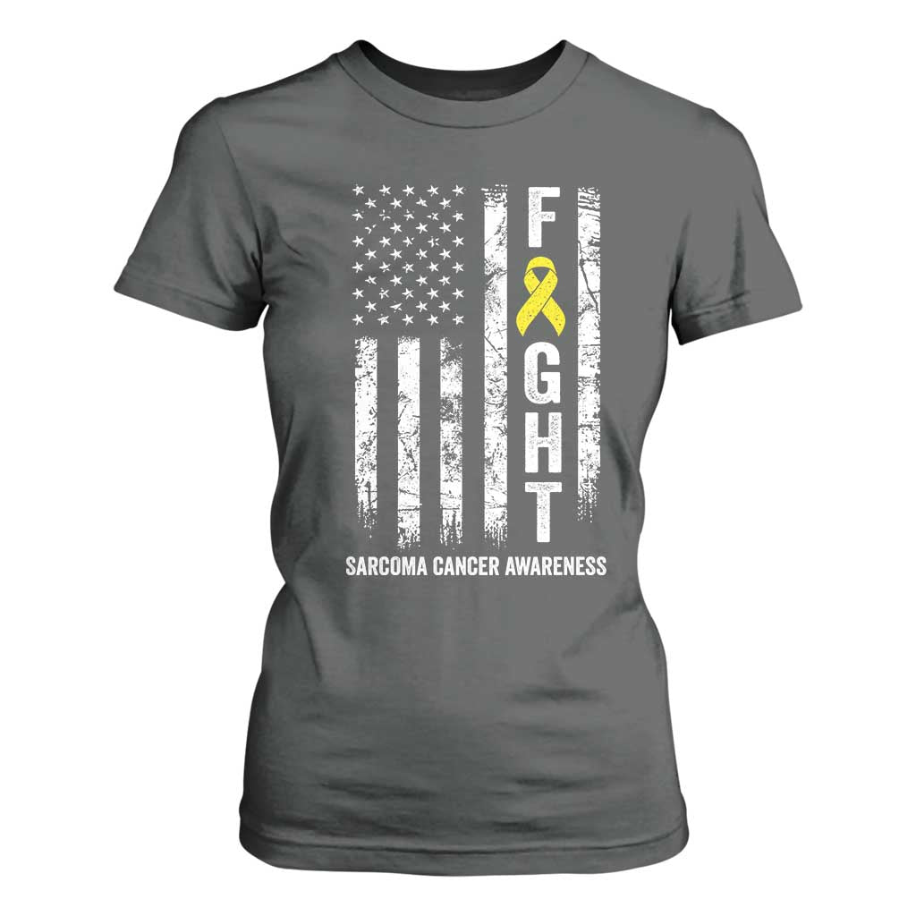 Fight Sarcoma Cancer Support T Shirt For Women Yellow Ribbon Vintage American Flag