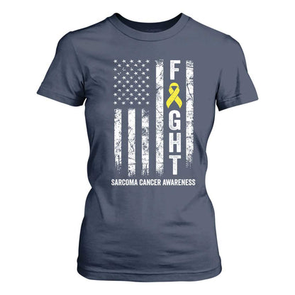 Fight Sarcoma Cancer Support T Shirt For Women Yellow Ribbon Vintage American Flag