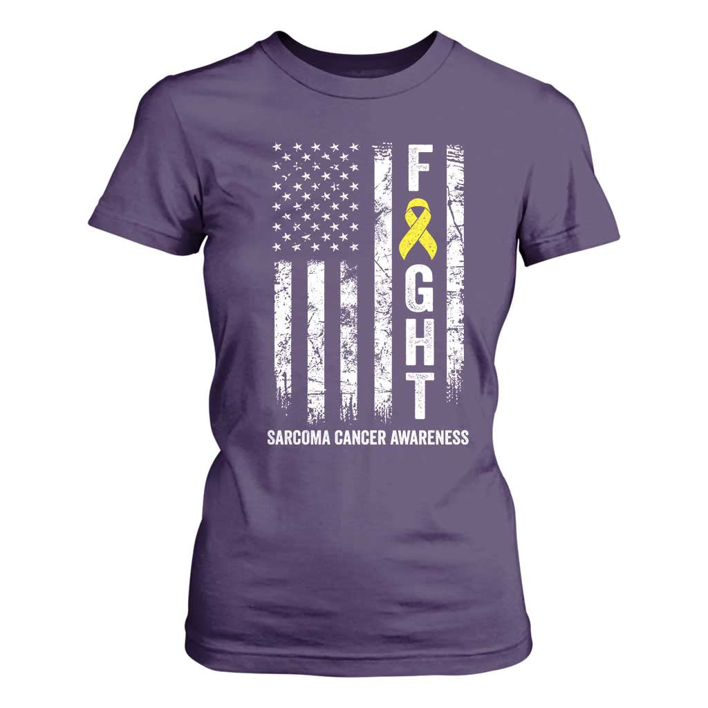 Fight Sarcoma Cancer Support T Shirt For Women Yellow Ribbon Vintage American Flag