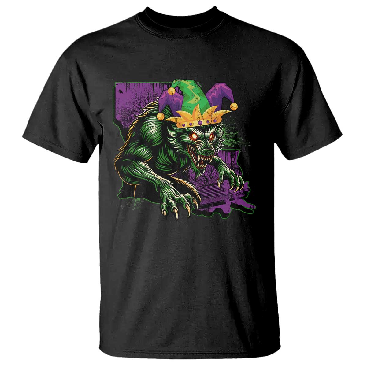 funny-mardi-gras-rougarou-t-shirt-cryptids-of-louisiana-jester-hat