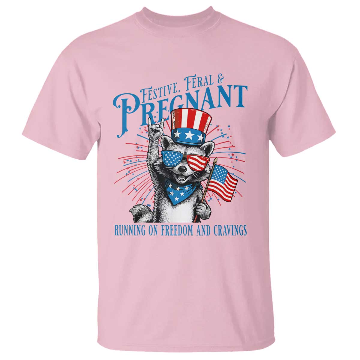 funny-festive-feral-and-pregnant-t-shirt-running-on-freedom-and-cravings-4th-of-july-maternity-raccoon