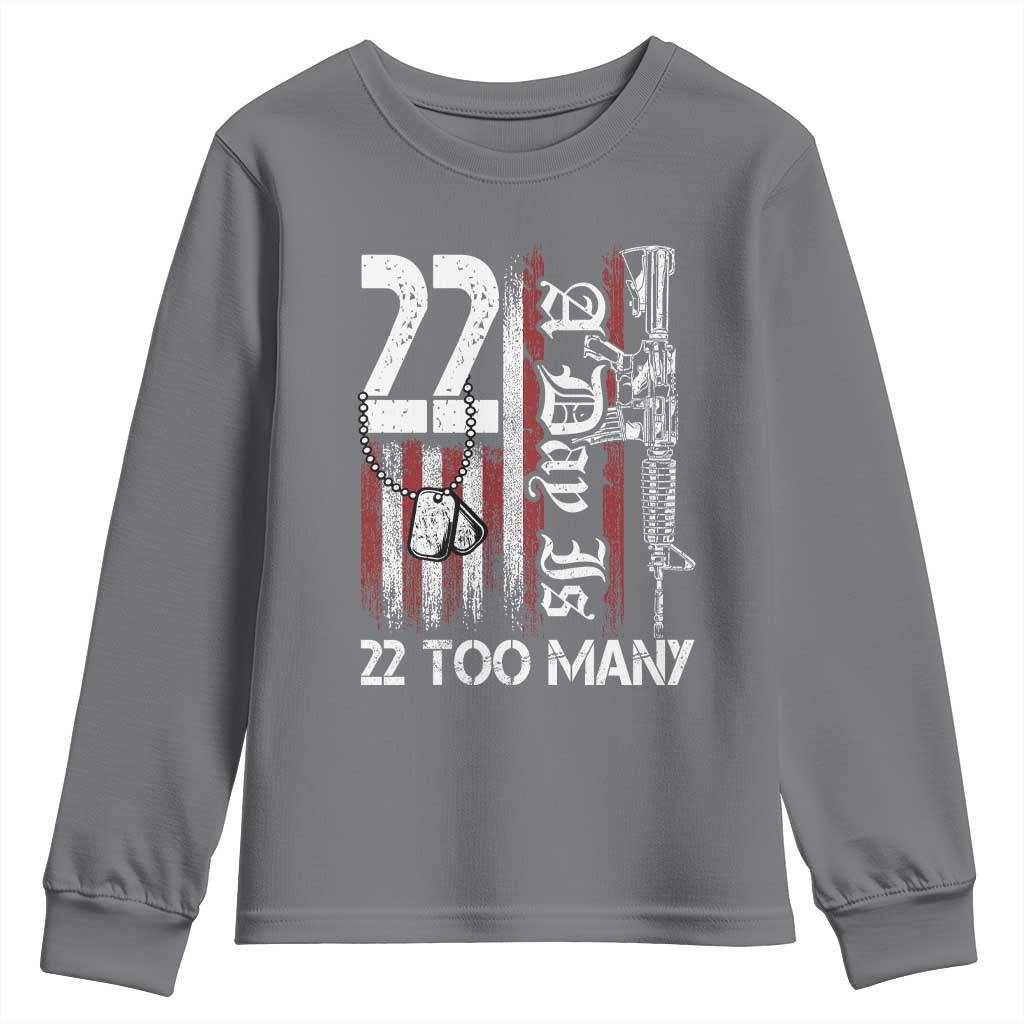 PTSD Veteran Suicide Prevention Youth Sweatshirt 22 A Day Is Too Many Vintage American Flag