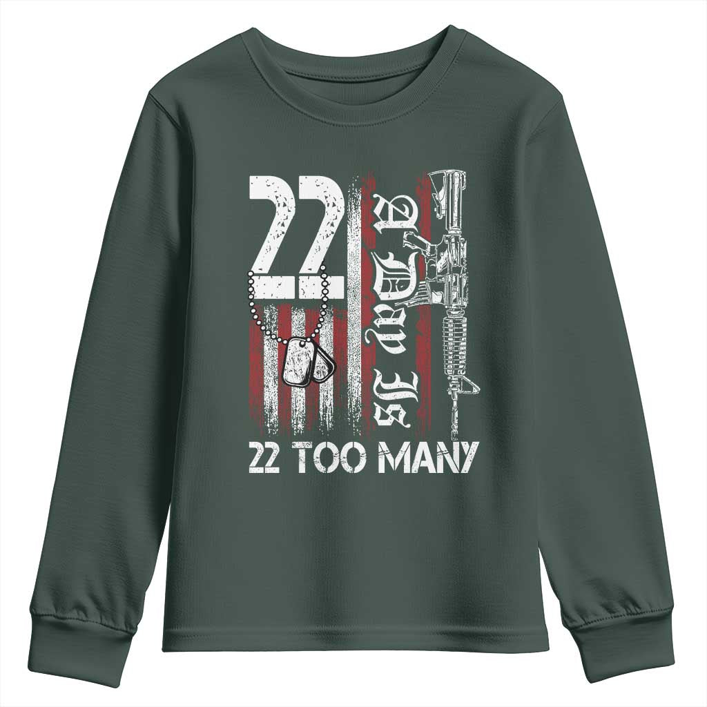 PTSD Veteran Suicide Prevention Youth Sweatshirt 22 A Day Is Too Many Vintage American Flag