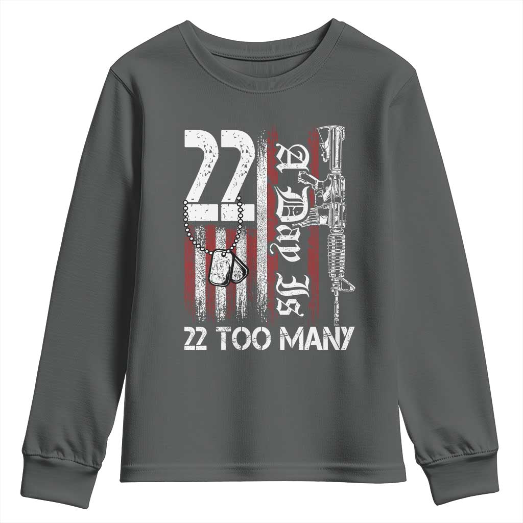 PTSD Veteran Suicide Prevention Youth Sweatshirt 22 A Day Is Too Many Vintage American Flag