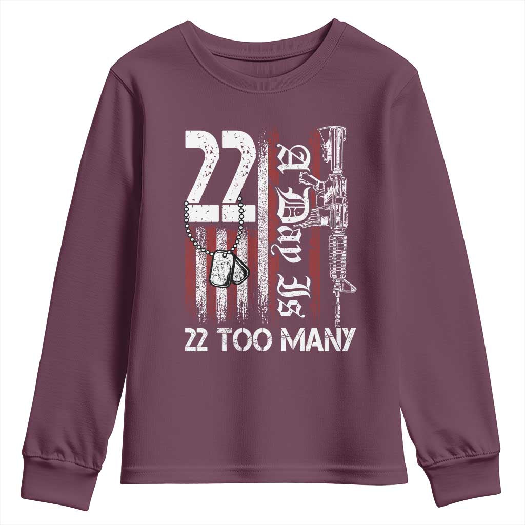 PTSD Veteran Suicide Prevention Youth Sweatshirt 22 A Day Is Too Many Vintage American Flag