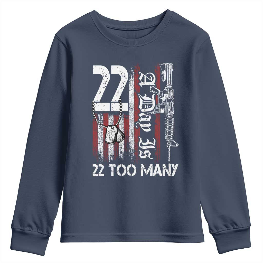 PTSD Veteran Suicide Prevention Youth Sweatshirt 22 A Day Is Too Many Vintage American Flag