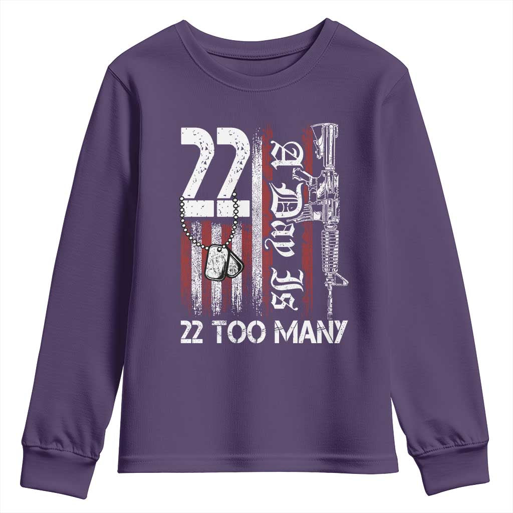 PTSD Veteran Suicide Prevention Youth Sweatshirt 22 A Day Is Too Many Vintage American Flag