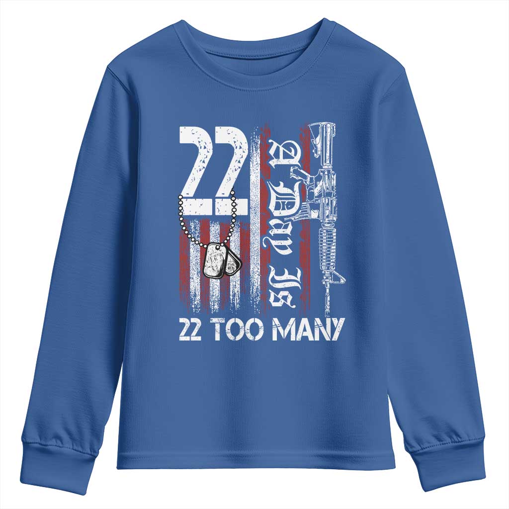 PTSD Veteran Suicide Prevention Youth Sweatshirt 22 A Day Is Too Many Vintage American Flag