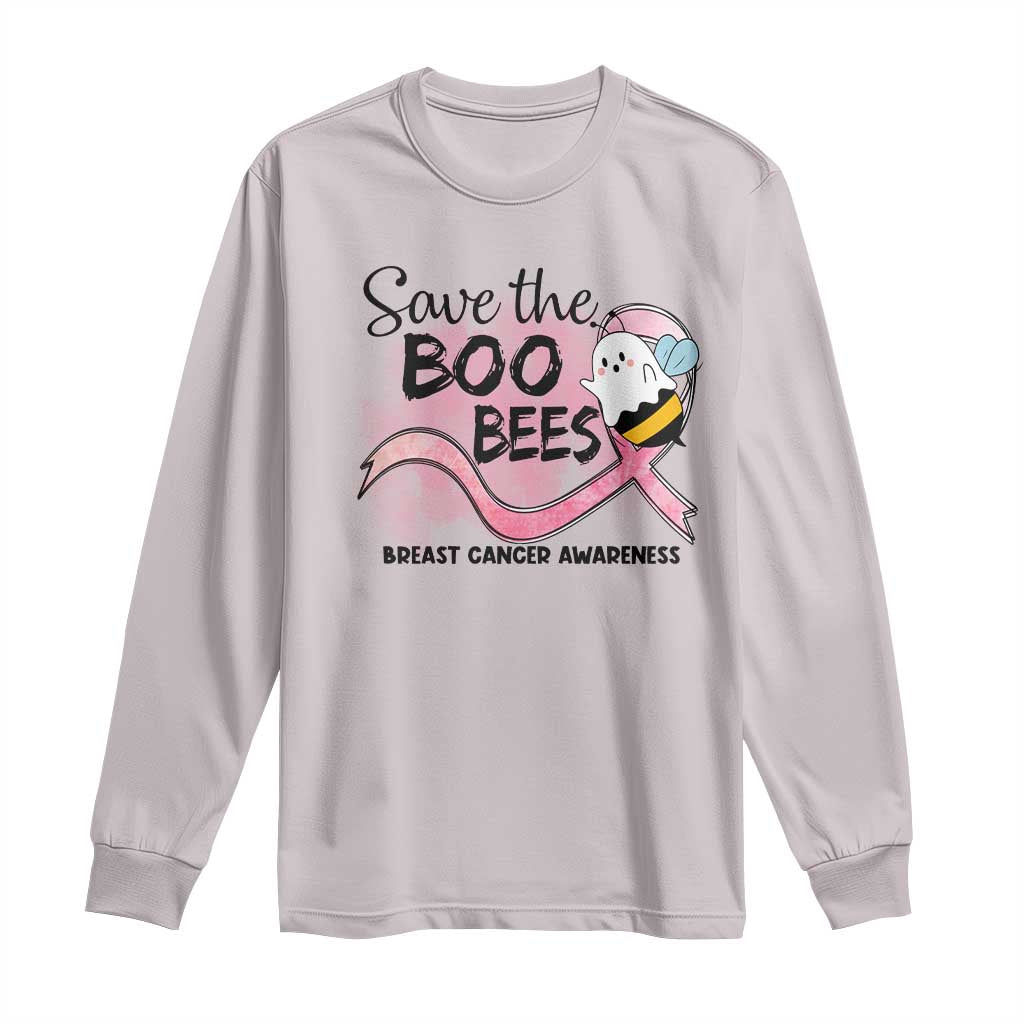 Funny Breast Cancer Support Halloween Long Sleeve Shirt Save The Boobees Ghost Bee Pink Ribbon