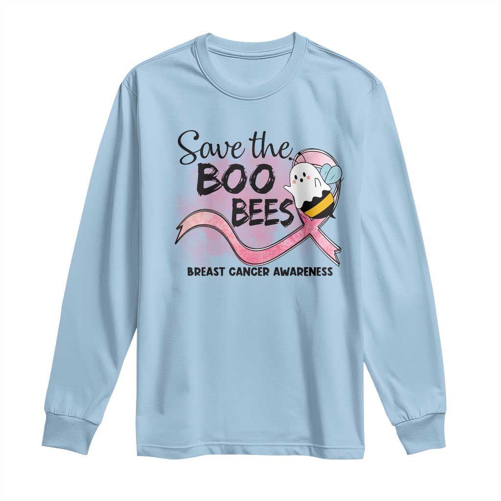 Funny Breast Cancer Support Halloween Long Sleeve Shirt Save The Boobees Ghost Bee Pink Ribbon