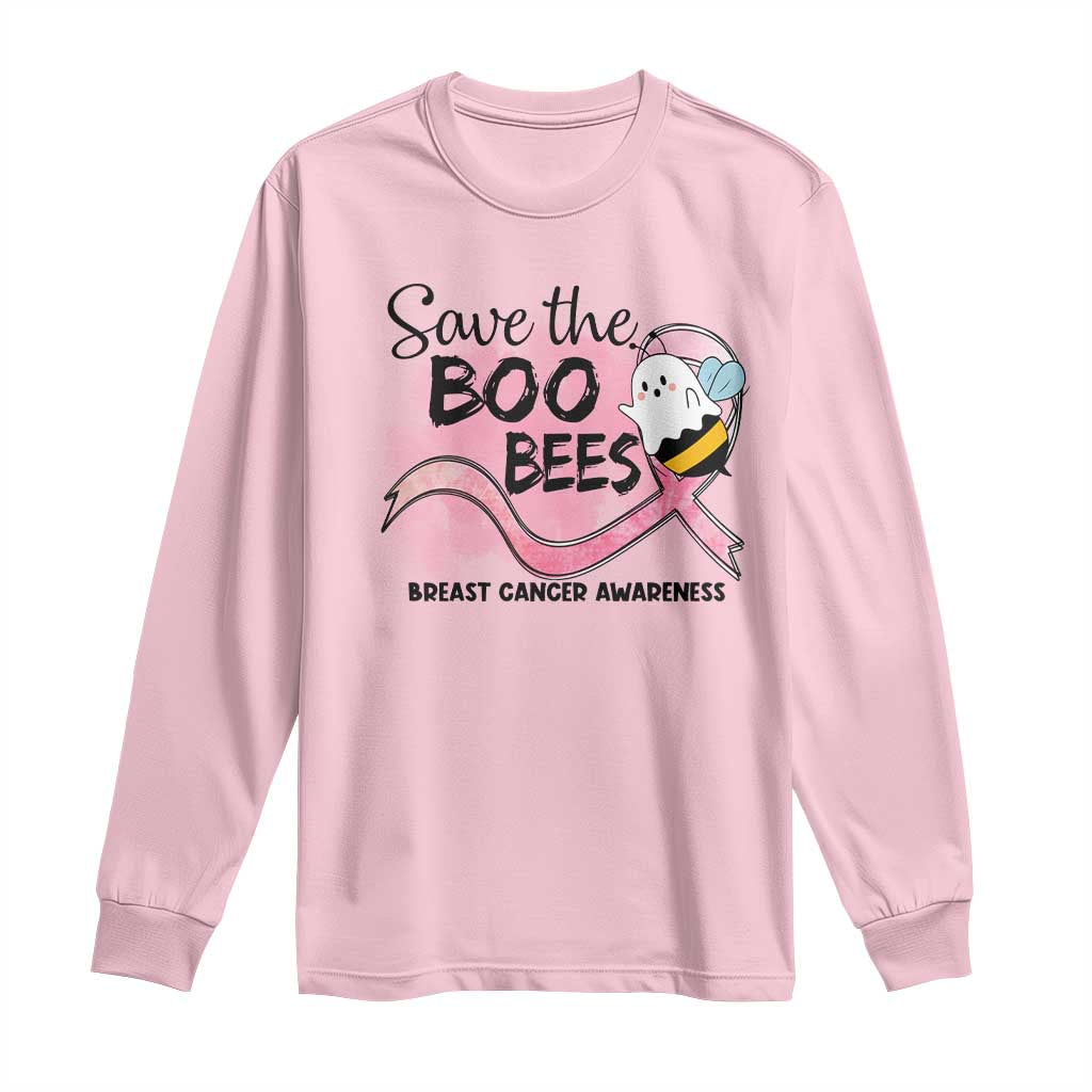 Funny Breast Cancer Support Halloween Long Sleeve Shirt Save The Boobees Ghost Bee Pink Ribbon