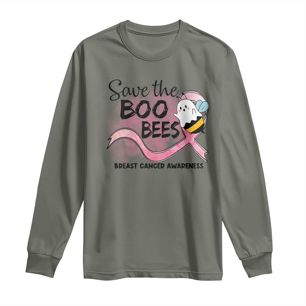 Funny Breast Cancer Support Halloween Long Sleeve Shirt Save The Boobees Ghost Bee Pink Ribbon