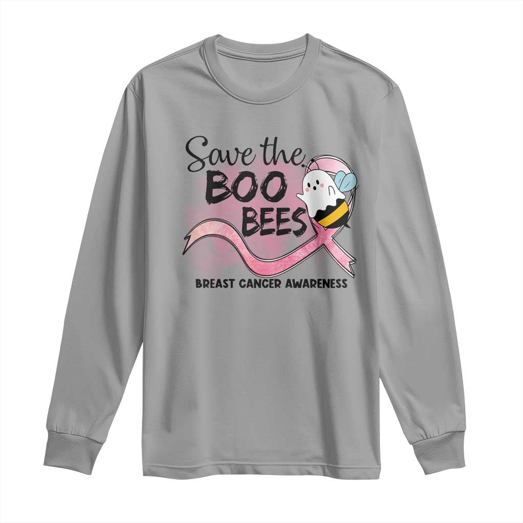 Funny Breast Cancer Support Halloween Long Sleeve Shirt Save The Boobees Ghost Bee Pink Ribbon