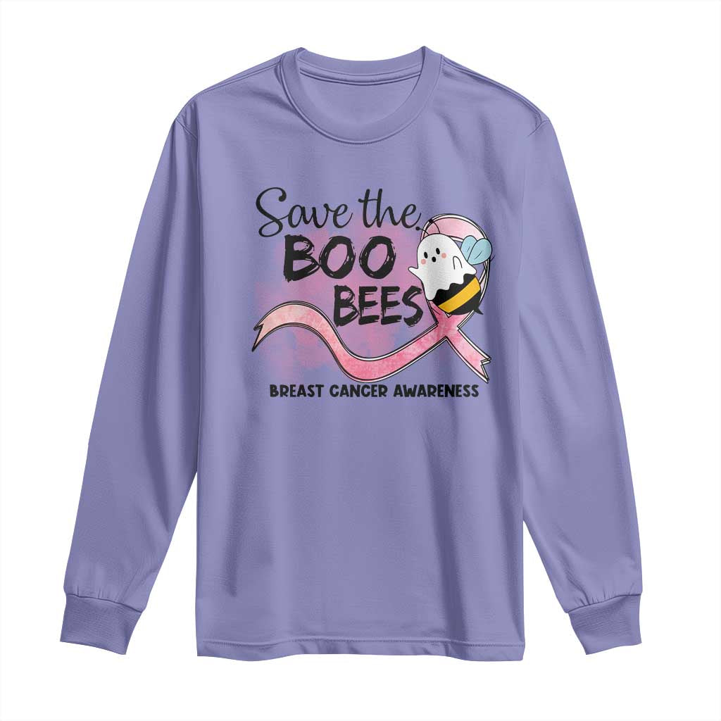 Funny Breast Cancer Support Halloween Long Sleeve Shirt Save The Boobees Ghost Bee Pink Ribbon