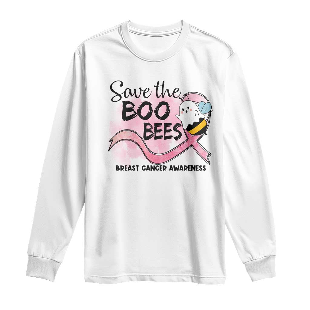 Funny Breast Cancer Support Halloween Long Sleeve Shirt Save The Boobees Ghost Bee Pink Ribbon