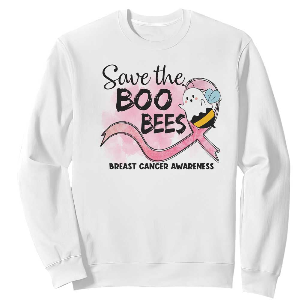 Funny Breast Cancer Support Halloween Sweatshirt Save The Boobees Ghost Bee Pink Ribbon