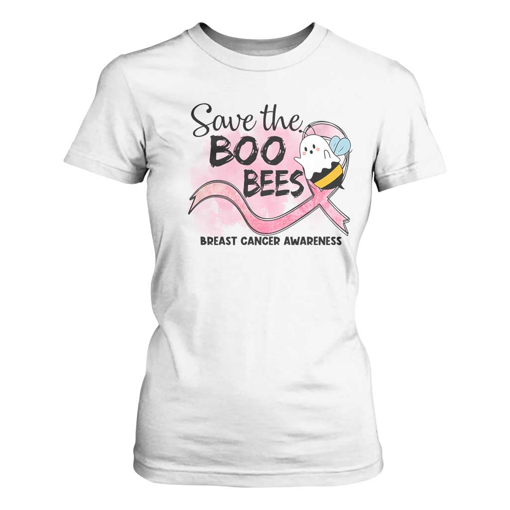 Funny Breast Cancer Support Halloween T Shirt For Women Save The Boobees Ghost Bee Pink Ribbon