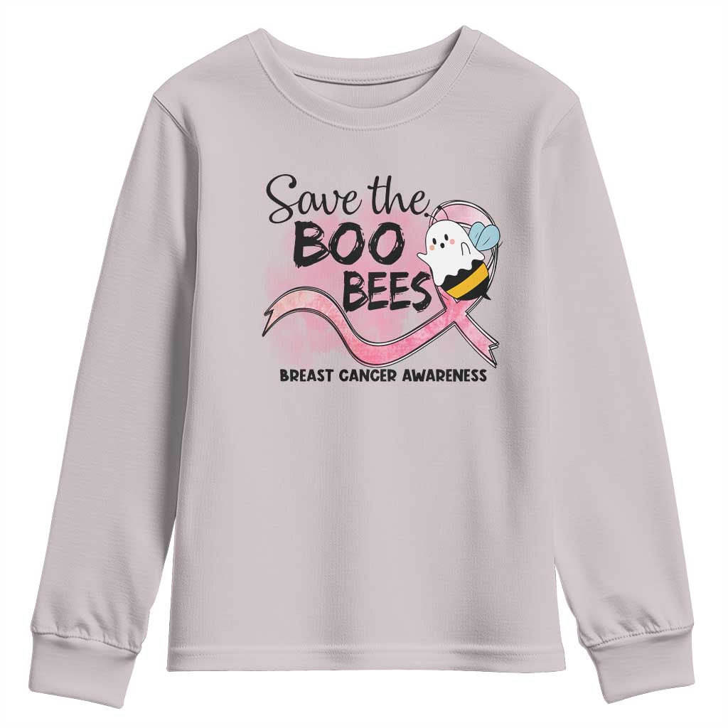 Funny Breast Cancer Support Halloween Youth Sweatshirt Save The Boobees Ghost Bee Pink Ribbon