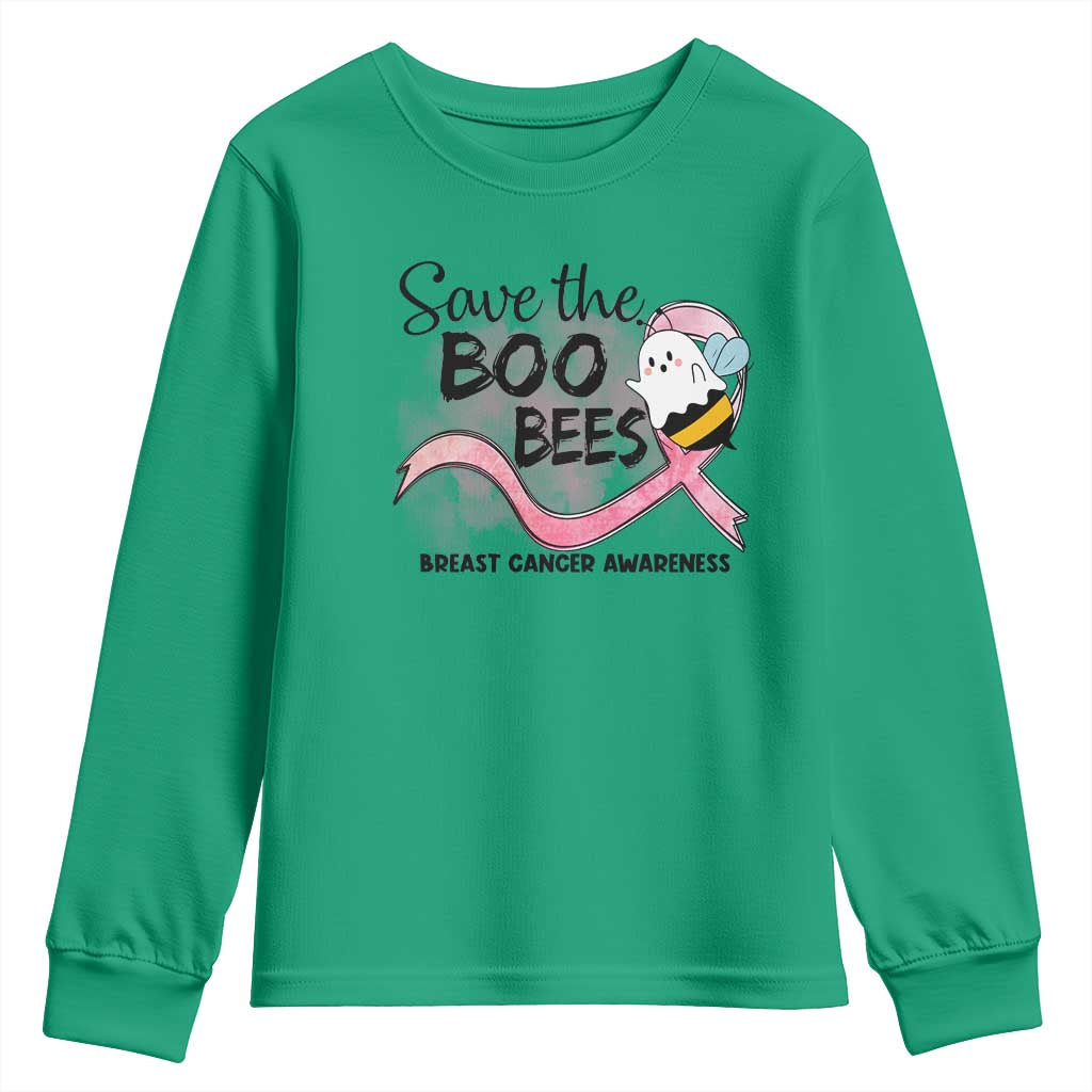 Funny Breast Cancer Support Halloween Youth Sweatshirt Save The Boobees Ghost Bee Pink Ribbon