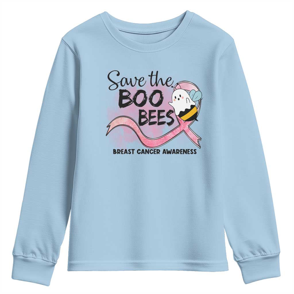 Funny Breast Cancer Support Halloween Youth Sweatshirt Save The Boobees Ghost Bee Pink Ribbon