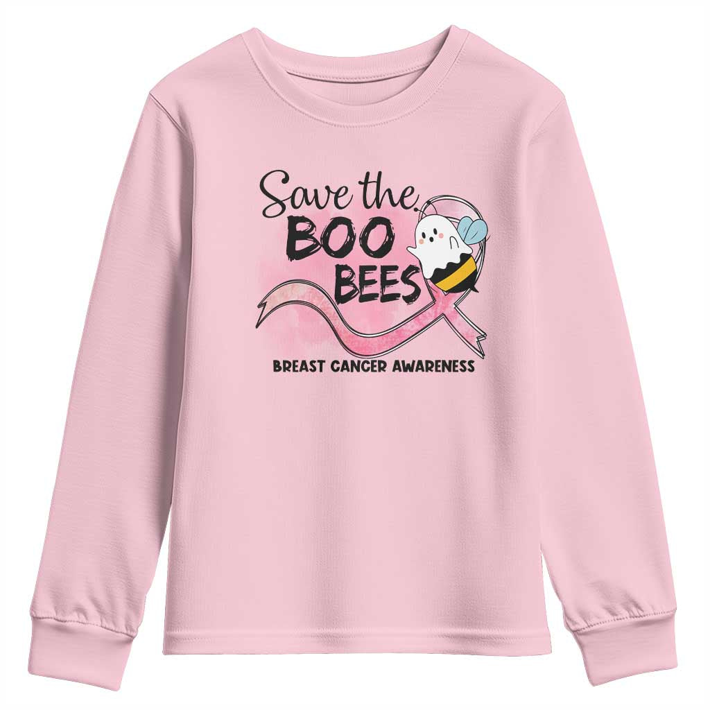 Funny Breast Cancer Support Halloween Youth Sweatshirt Save The Boobees Ghost Bee Pink Ribbon