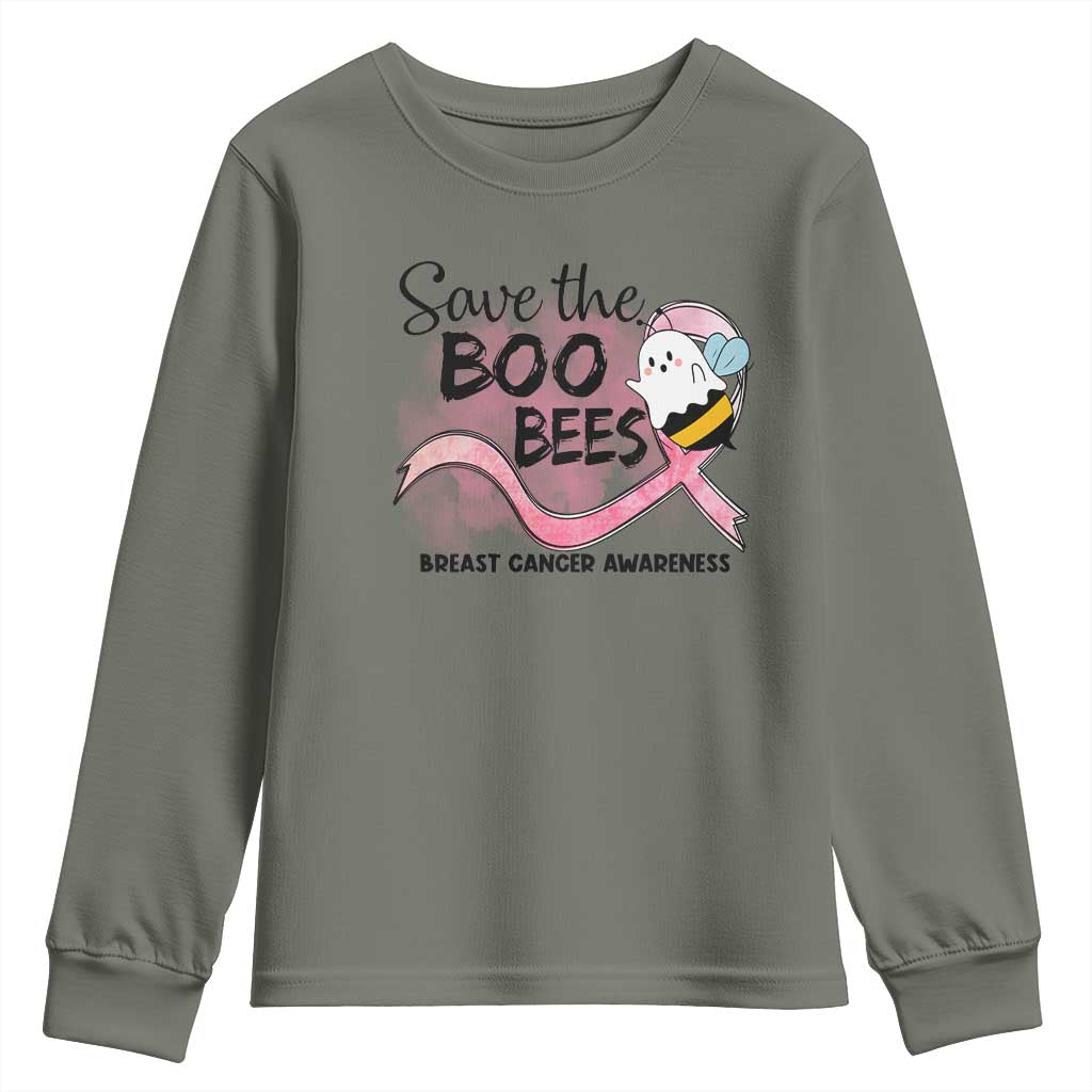 Funny Breast Cancer Support Halloween Youth Sweatshirt Save The Boobees Ghost Bee Pink Ribbon