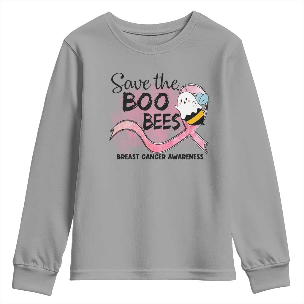 Funny Breast Cancer Support Halloween Youth Sweatshirt Save The Boobees Ghost Bee Pink Ribbon