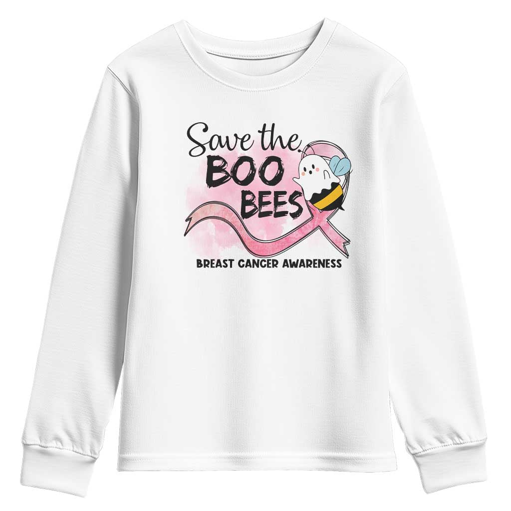 Funny Breast Cancer Support Halloween Youth Sweatshirt Save The Boobees Ghost Bee Pink Ribbon
