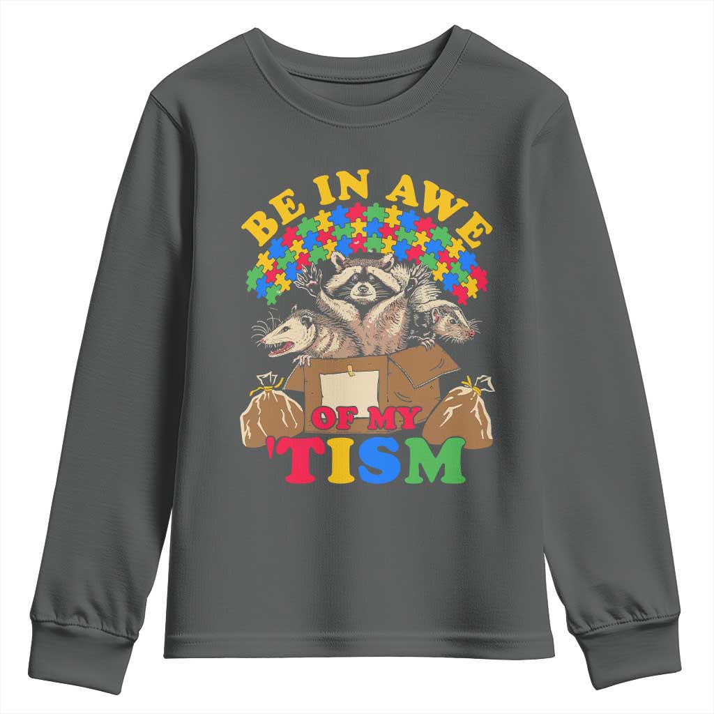 Funny Autism Support Youth Sweatshirt Be In Awe Of My 'Tism Autistic Raccoon Opossum Skunk