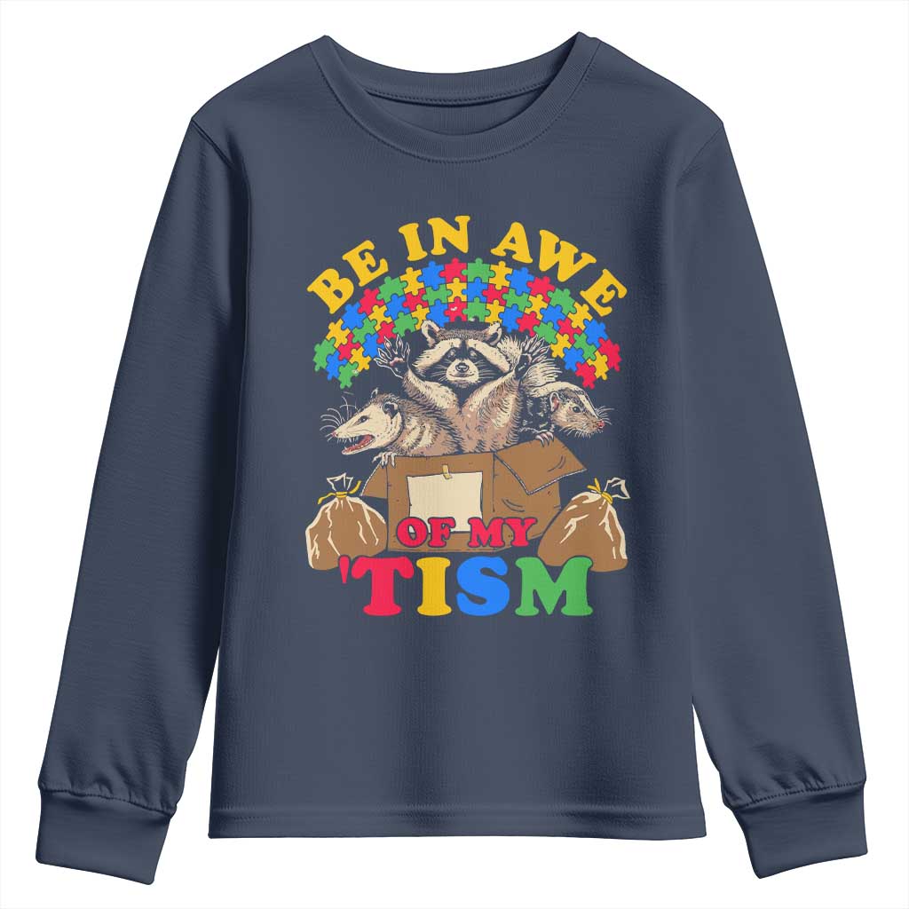 Funny Autism Support Youth Sweatshirt Be In Awe Of My 'Tism Autistic Raccoon Opossum Skunk