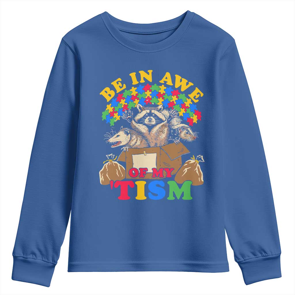 Funny Autism Support Youth Sweatshirt Be In Awe Of My 'Tism Autistic Raccoon Opossum Skunk