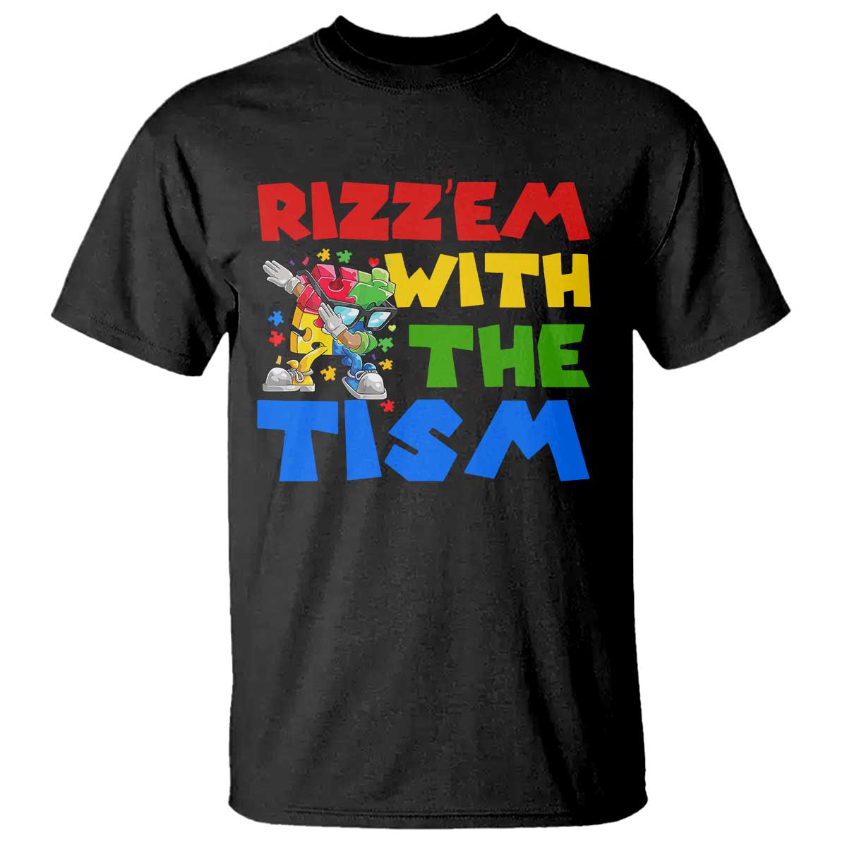 Funny Rizz Em With The Tism T Shirt Autism Support Dabbing Puzzle
