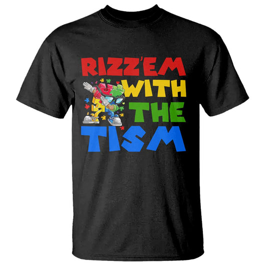 Funny Rizz Em With The Tism T Shirt Autism Support Dabbing Puzzle