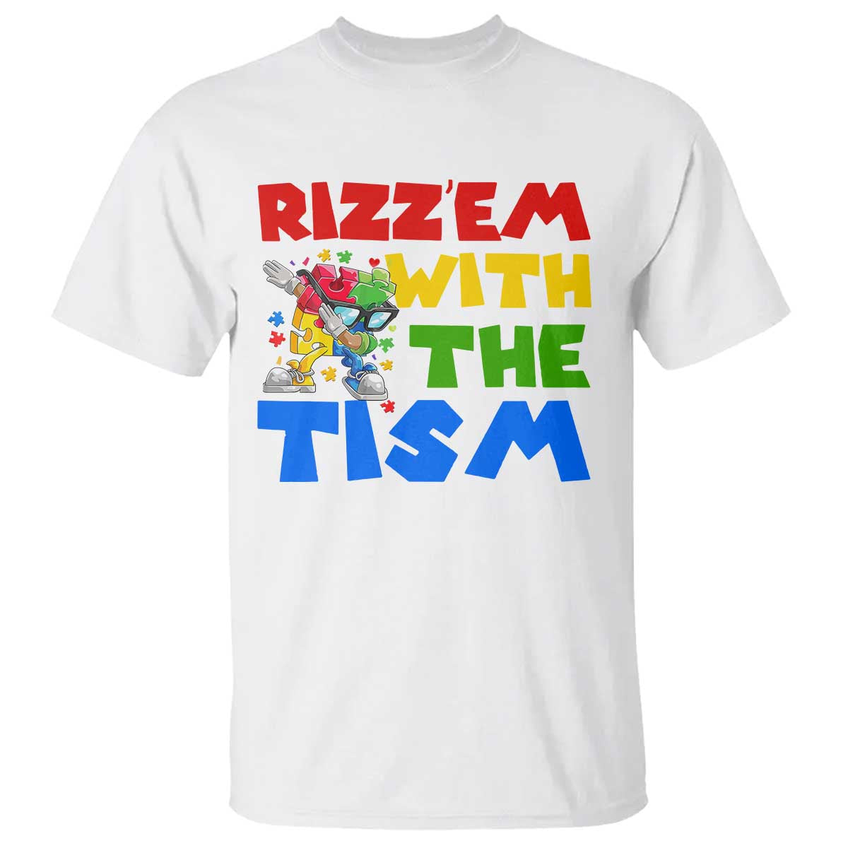 Funny Rizz Em With The Tism T Shirt Autism Support Dabbing Puzzle
