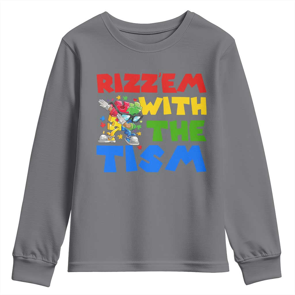 Funny Rizz Em With The Tism Youth Sweatshirt Autism Support Dabbing Puzzle