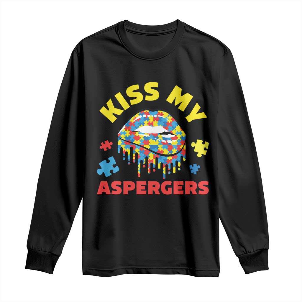 Funny Kiss My Aspergers Long Sleeve Shirt Asperger Syndrome Autism Support Puzzle Lips