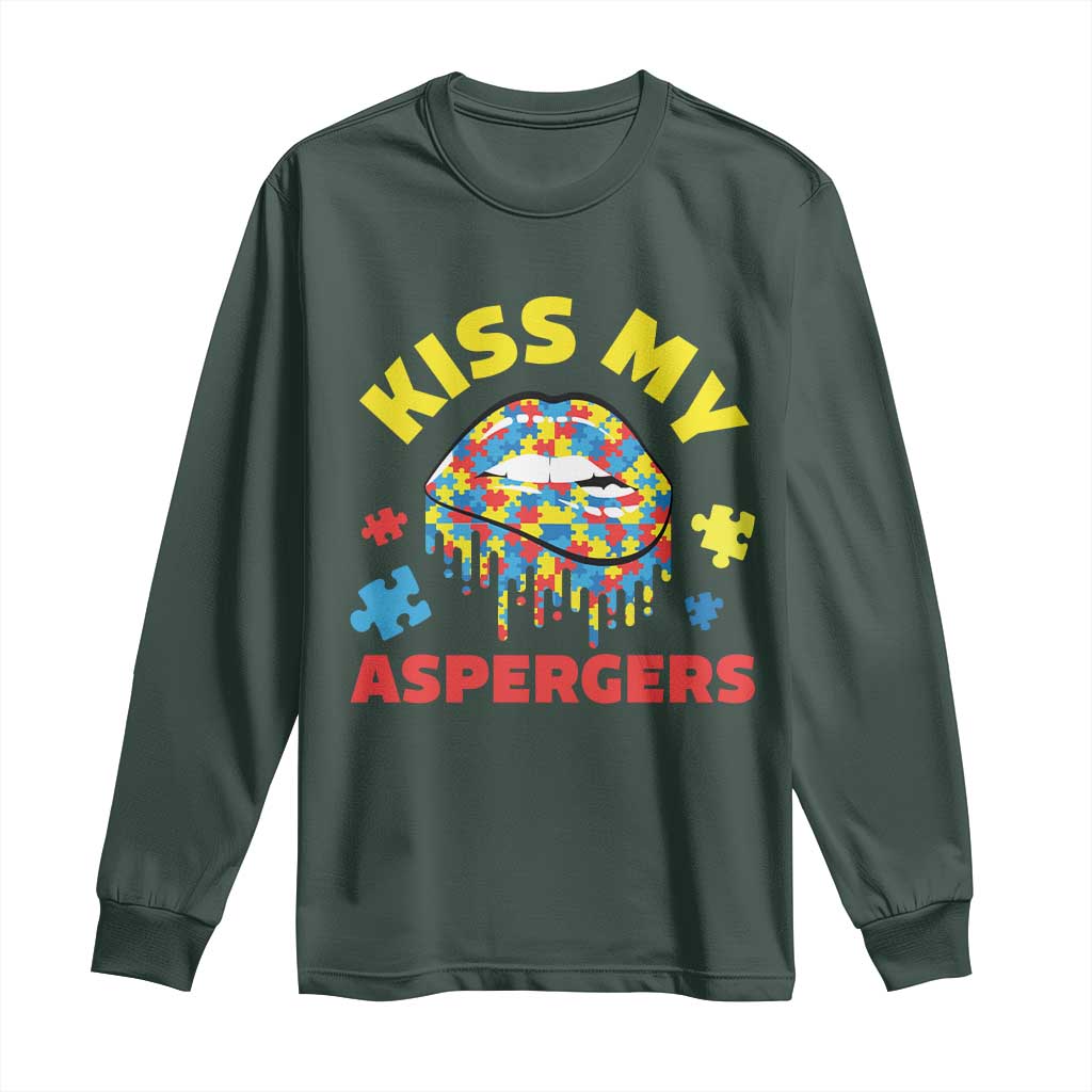 Funny Kiss My Aspergers Long Sleeve Shirt Asperger Syndrome Autism Support Puzzle Lips