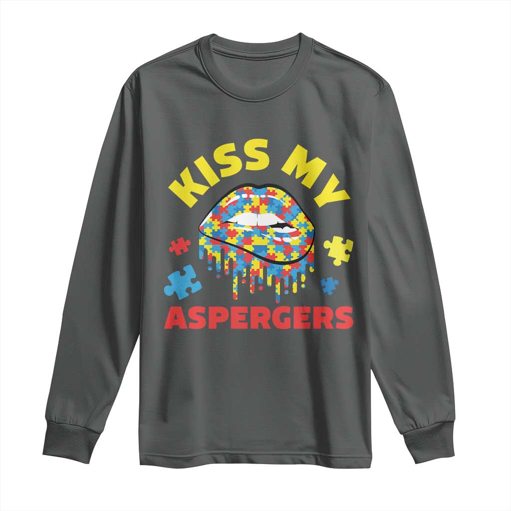 Funny Kiss My Aspergers Long Sleeve Shirt Asperger Syndrome Autism Support Puzzle Lips
