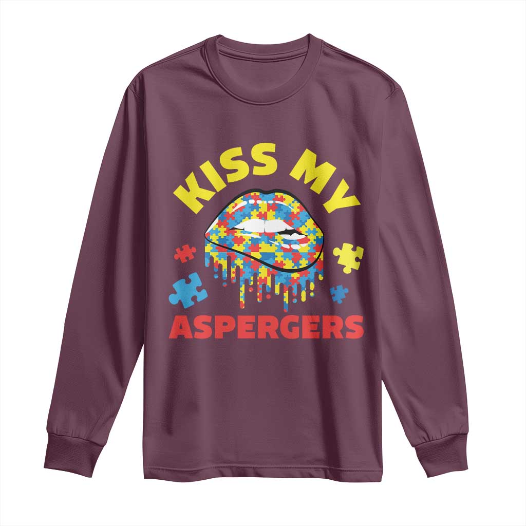 Funny Kiss My Aspergers Long Sleeve Shirt Asperger Syndrome Autism Support Puzzle Lips