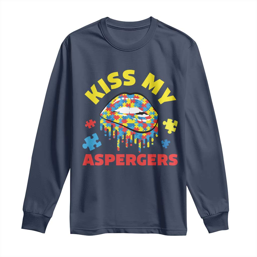 Funny Kiss My Aspergers Long Sleeve Shirt Asperger Syndrome Autism Support Puzzle Lips