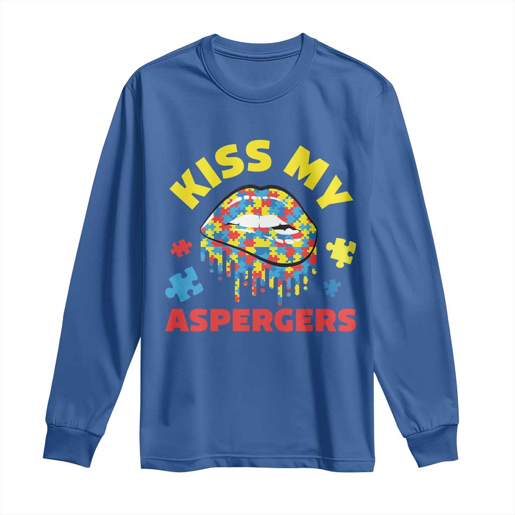 Funny Kiss My Aspergers Long Sleeve Shirt Asperger Syndrome Autism Support Puzzle Lips