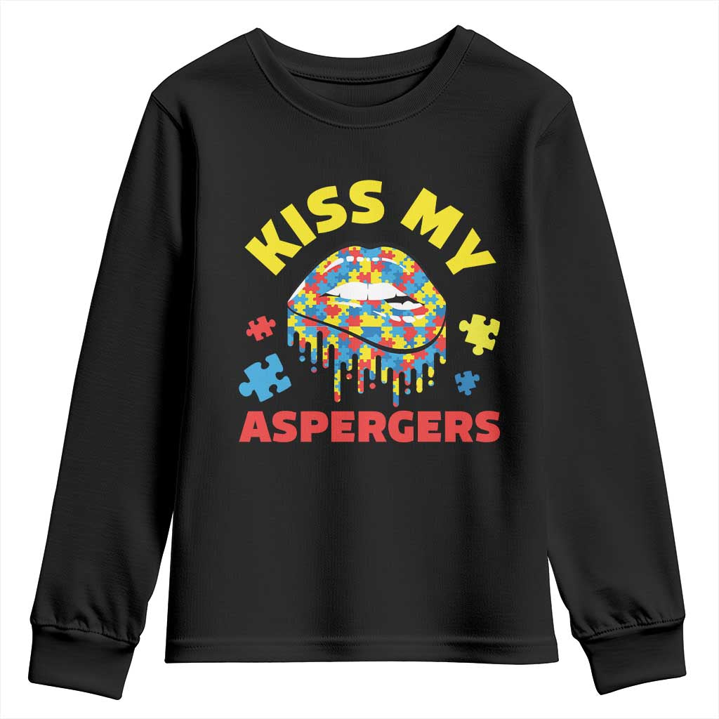 Funny Kiss My Aspergers Youth Sweatshirt Asperger Syndrome Autism Support Puzzle Lips